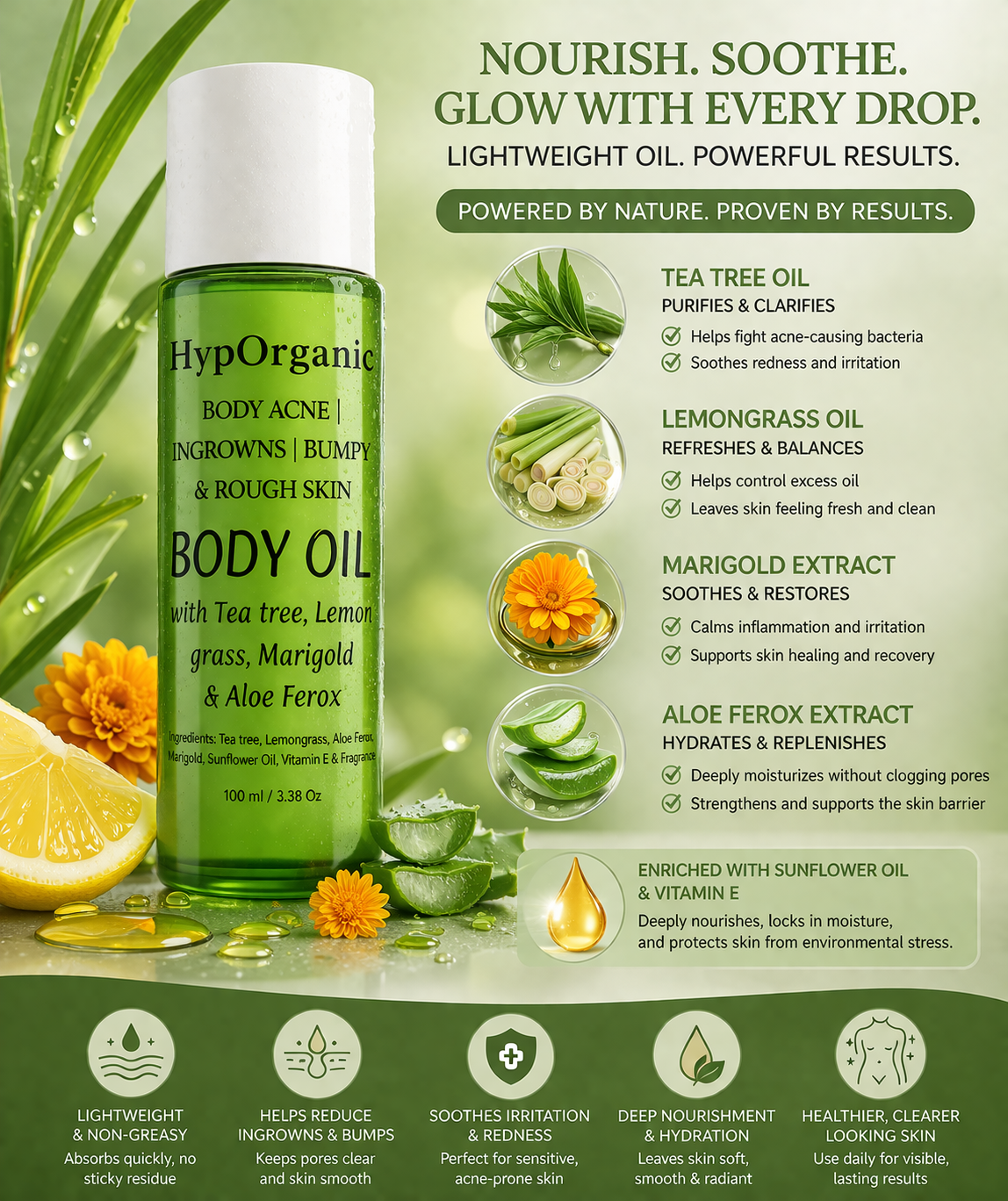 Body Acne | Ingrowns | Bumpy Skin Body Oil with Tea tree, Lemongrass & Aloe