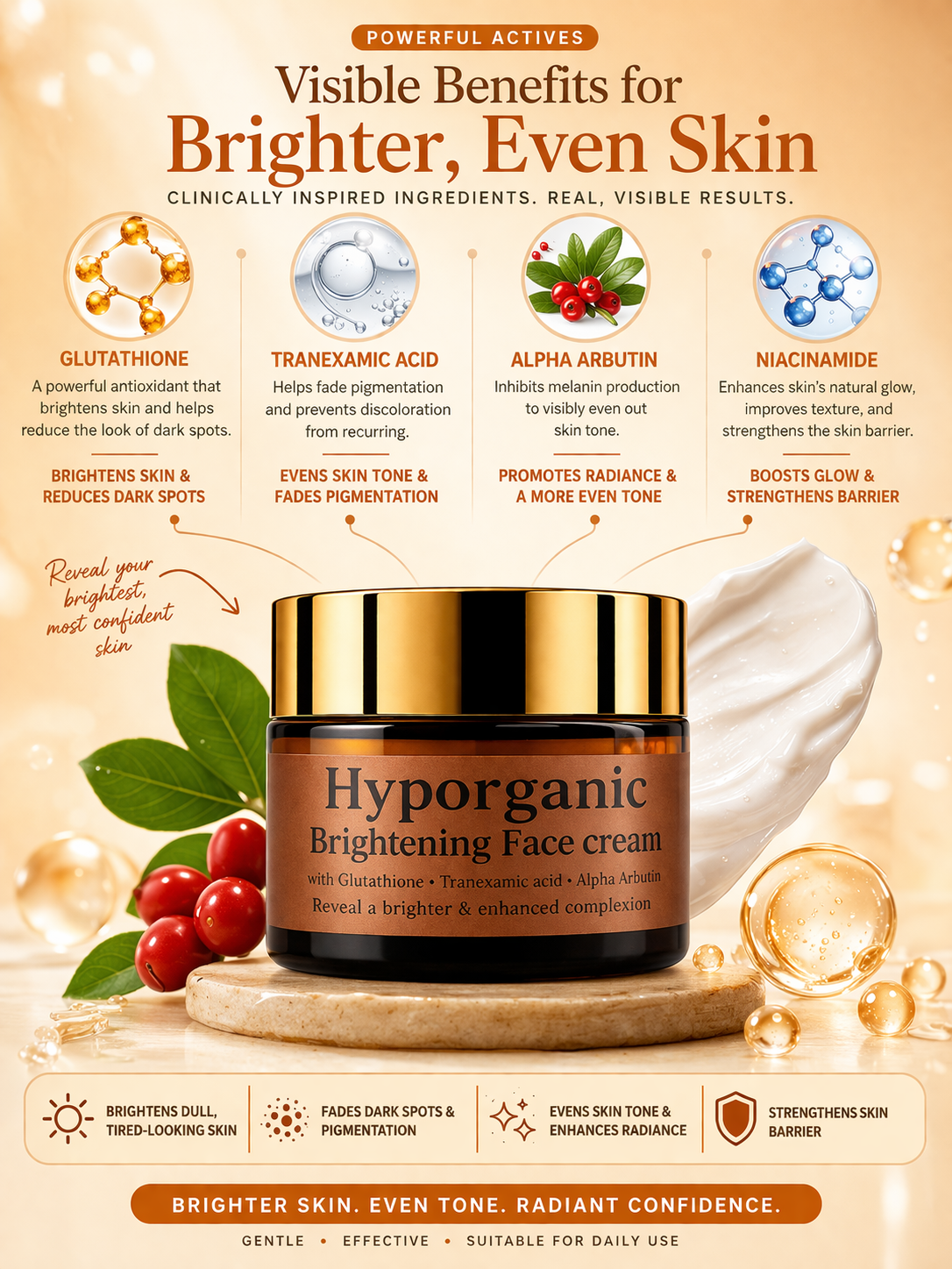 Brightening Face Cream with Glutathione, Tranexamic acid, Alpha Arbutin & Niacinamide