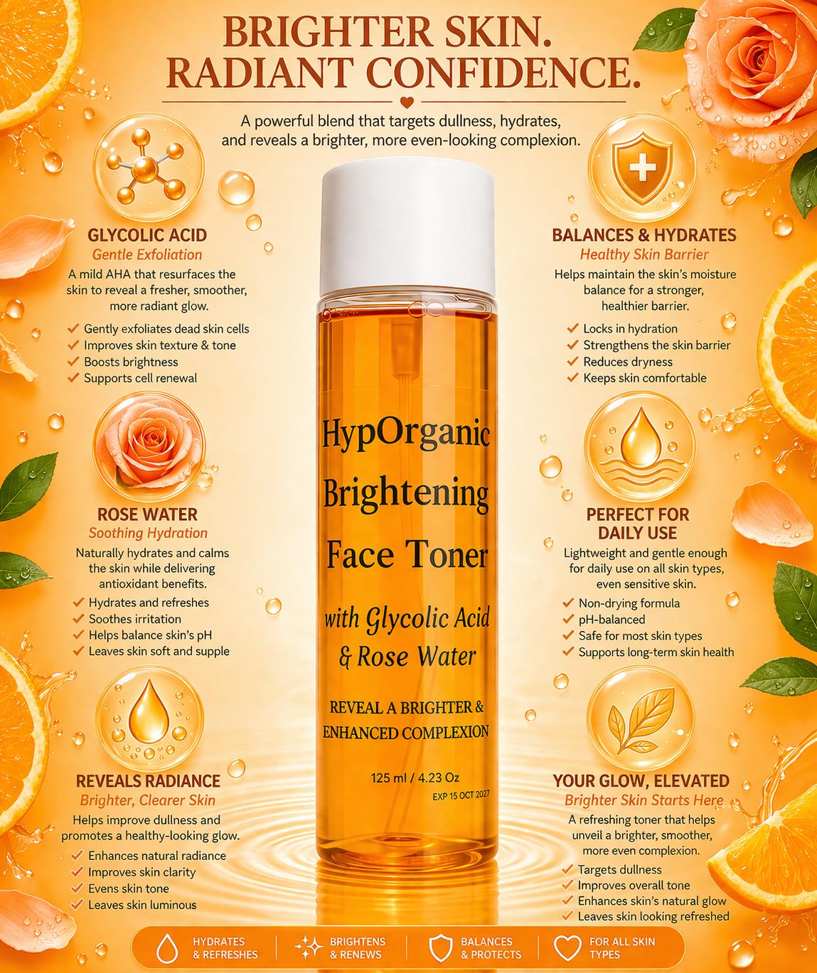 Brightening Face Toner with Glycolic Acid + Rose water